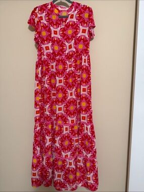 SHEIN Pink Floral Geometric Maxi Dress with Yellow Accents